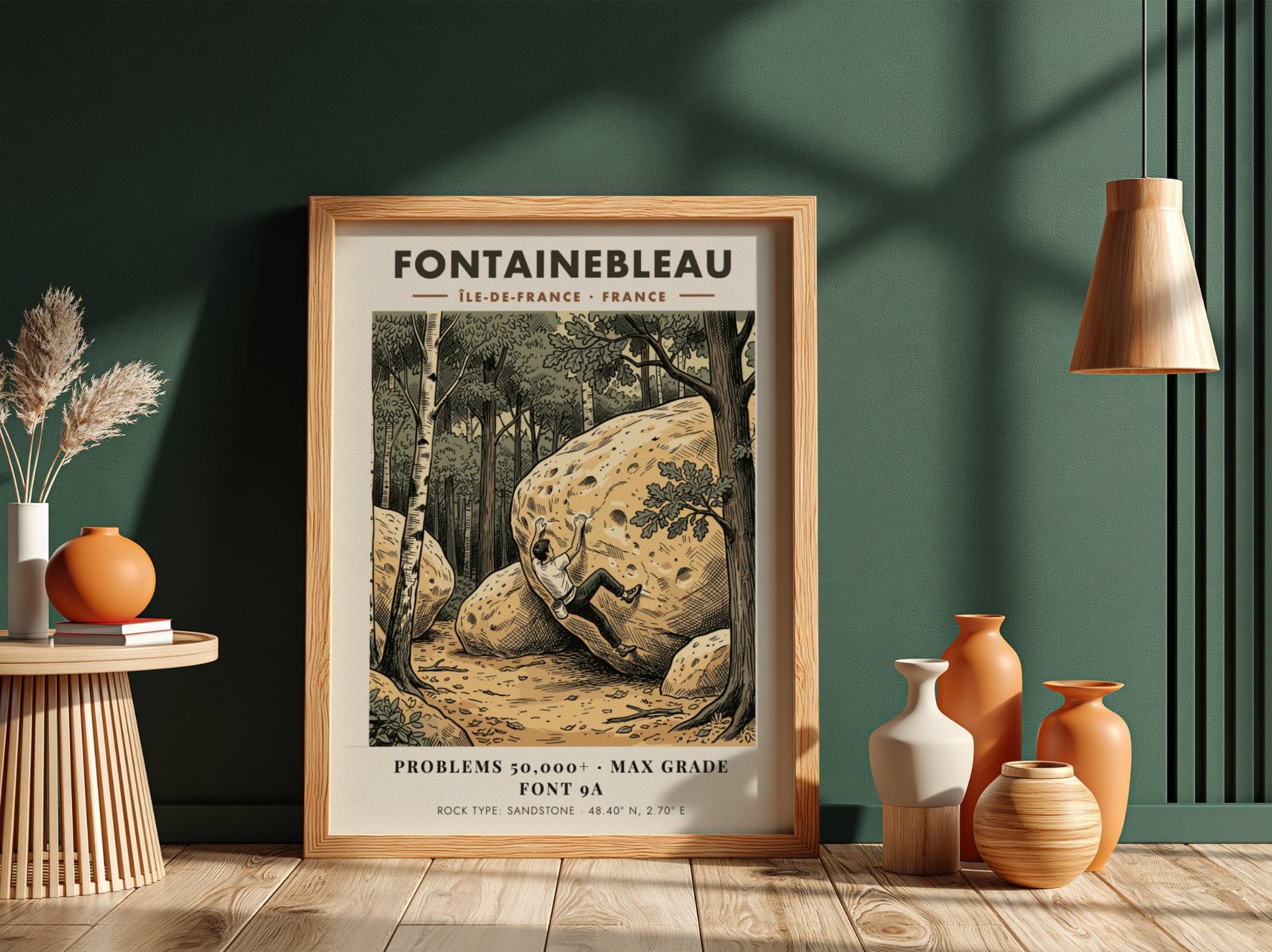 Poster featuring a climber scaling a sandstone boulder in a forest at Fontainebleau France.