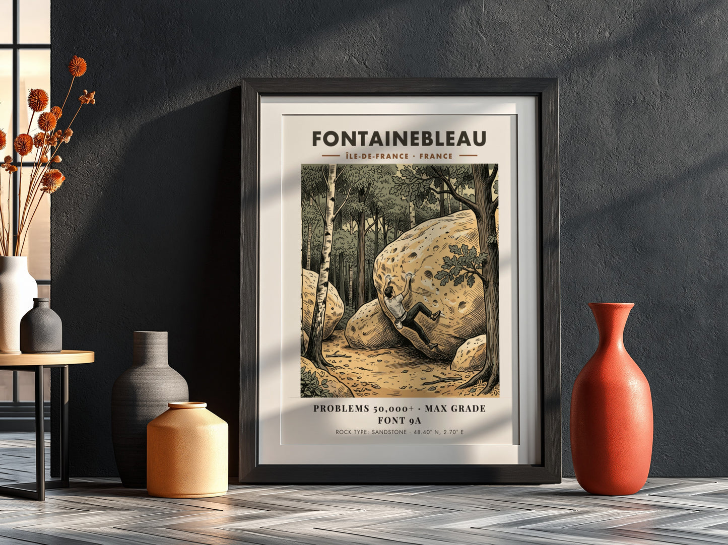 Poster featuring a climber scaling a sandstone boulder in a forest at Fontainebleau France.