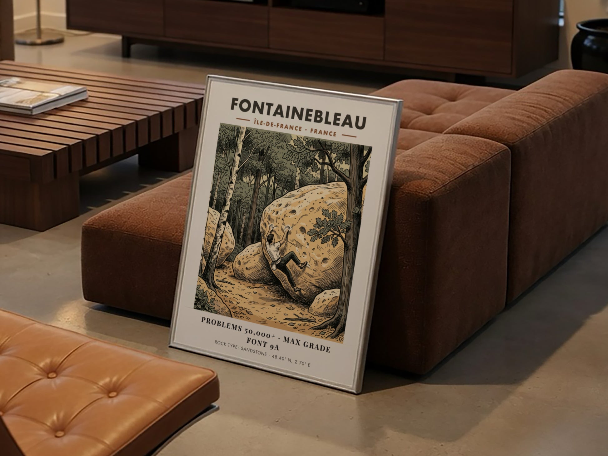 Poster featuring a climber scaling a sandstone boulder in a forest at Fontainebleau France.