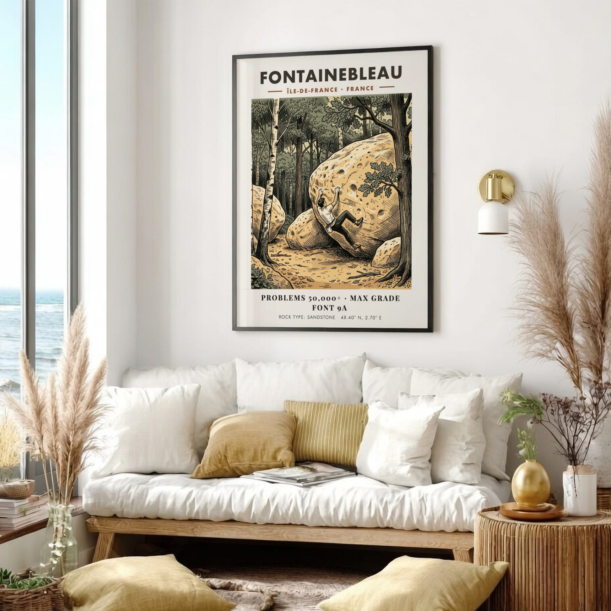 Poster featuring a climber scaling a sandstone boulder in a forest at Fontainebleau France.