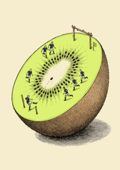 Poster featuring rugby players running across a green kiwi fruit cross-section with goals.