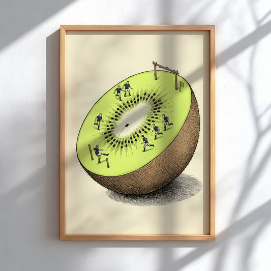 Poster featuring rugby players running across a green kiwi fruit cross-section with goals.
