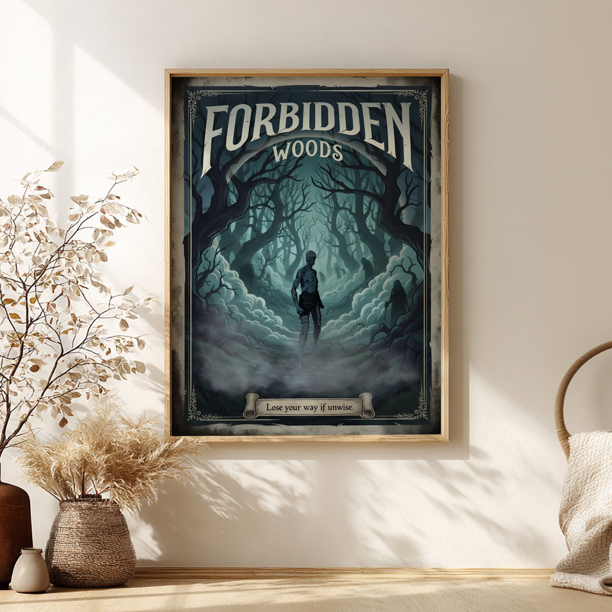 Framed artwork of Forbidden Woods from Bloodborne on a wall with decorative elements.
