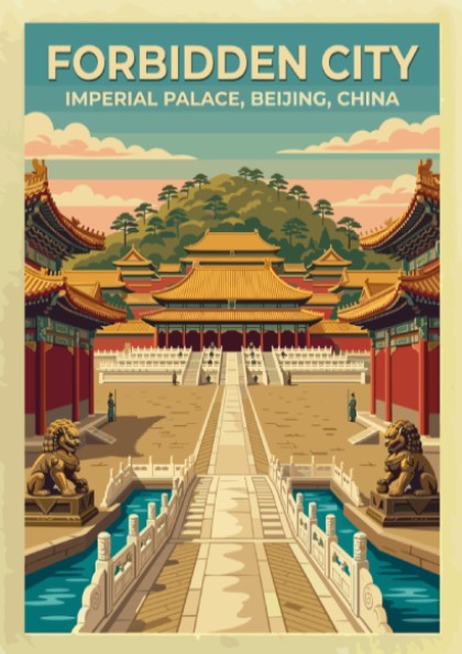 Travel poster of the Forbidden City in Beijing with vintage style and soft colors