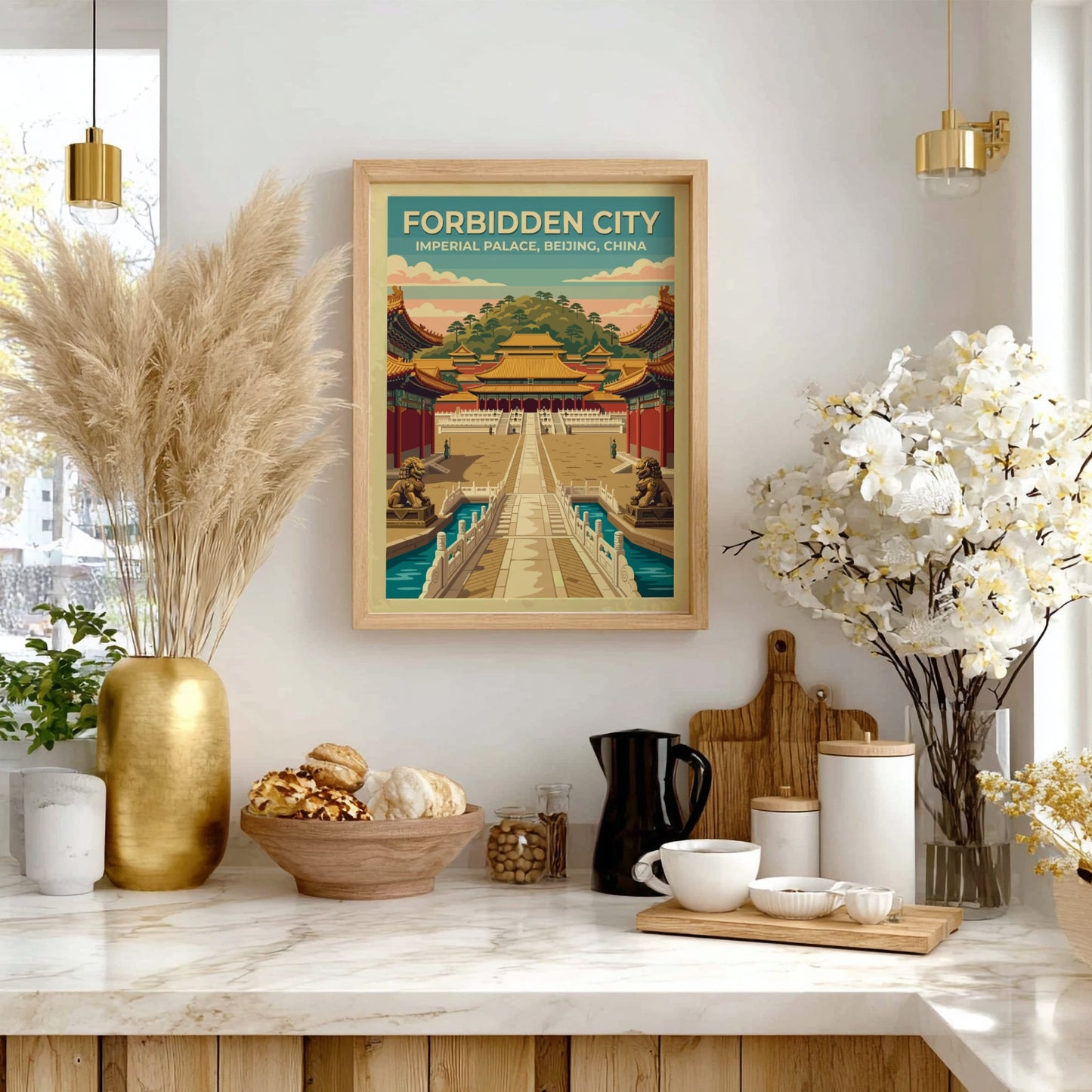 Travel poster of the Forbidden City in Beijing with vintage style and soft colors