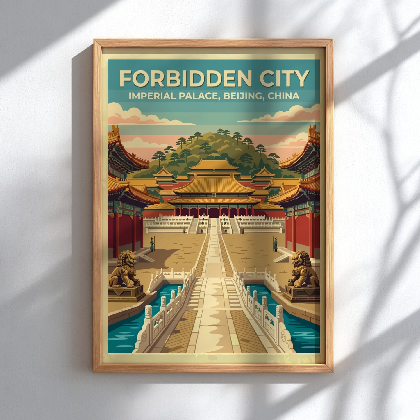 Travel poster of the Forbidden City in Beijing with vintage style and soft colors