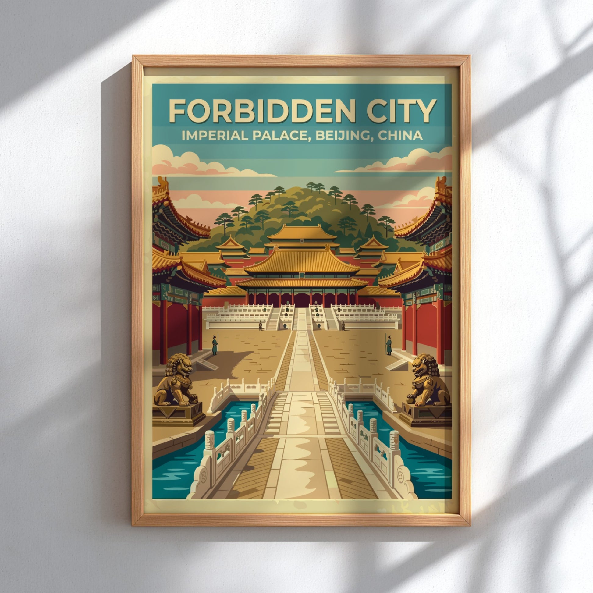 Travel poster of the Forbidden City in Beijing with vintage style and soft colors