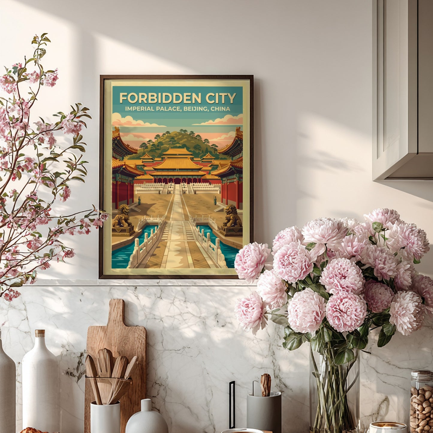 Travel poster of the Forbidden City in Beijing with vintage style and soft colors