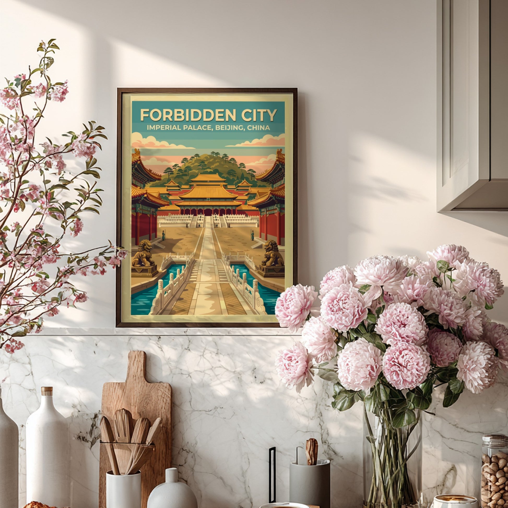 Travel poster of the Forbidden City in Beijing with vintage style and soft colors