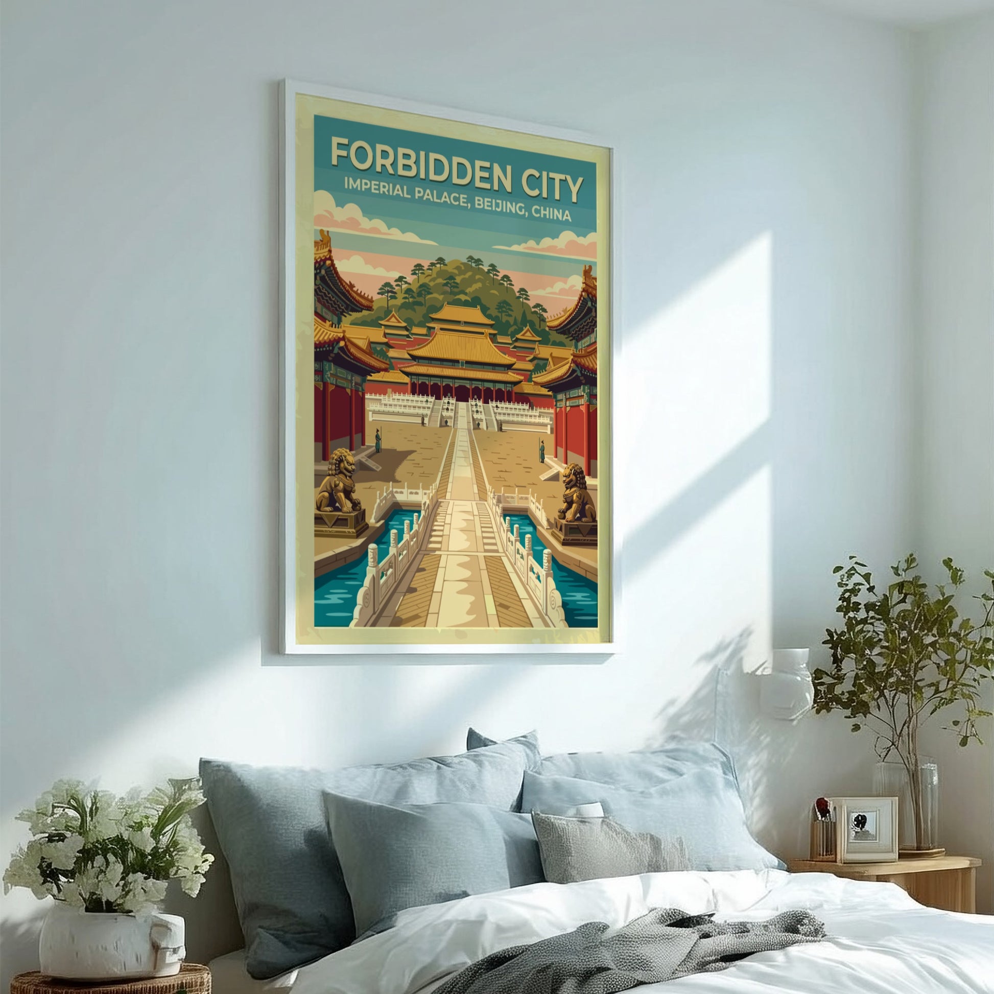 Travel poster of the Forbidden City in Beijing with vintage style and soft colors