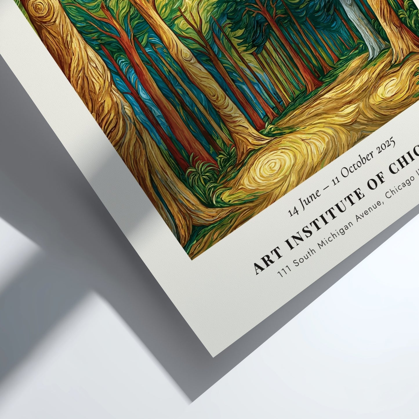 Forest Bright Dappled Light poster featuring vibrant greens and warm browns inspired by Van Gogh's style.