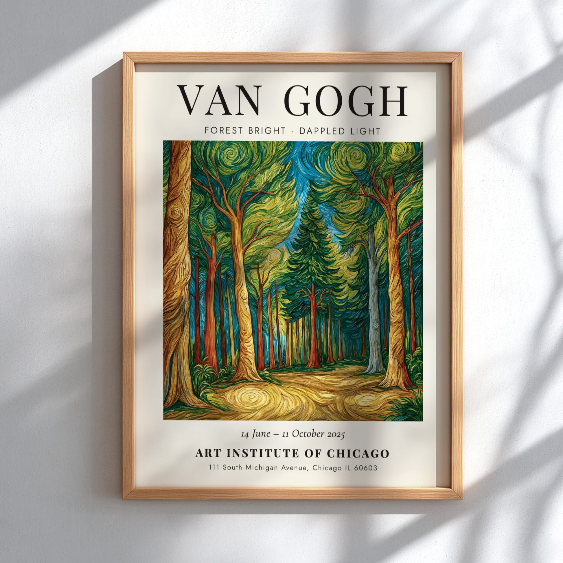 Forest Bright Dappled Light poster featuring vibrant greens and warm browns inspired by Van Gogh's style.