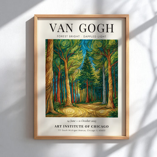 Forest Bright Dappled Light poster featuring vibrant greens and warm browns inspired by Van Gogh's style.