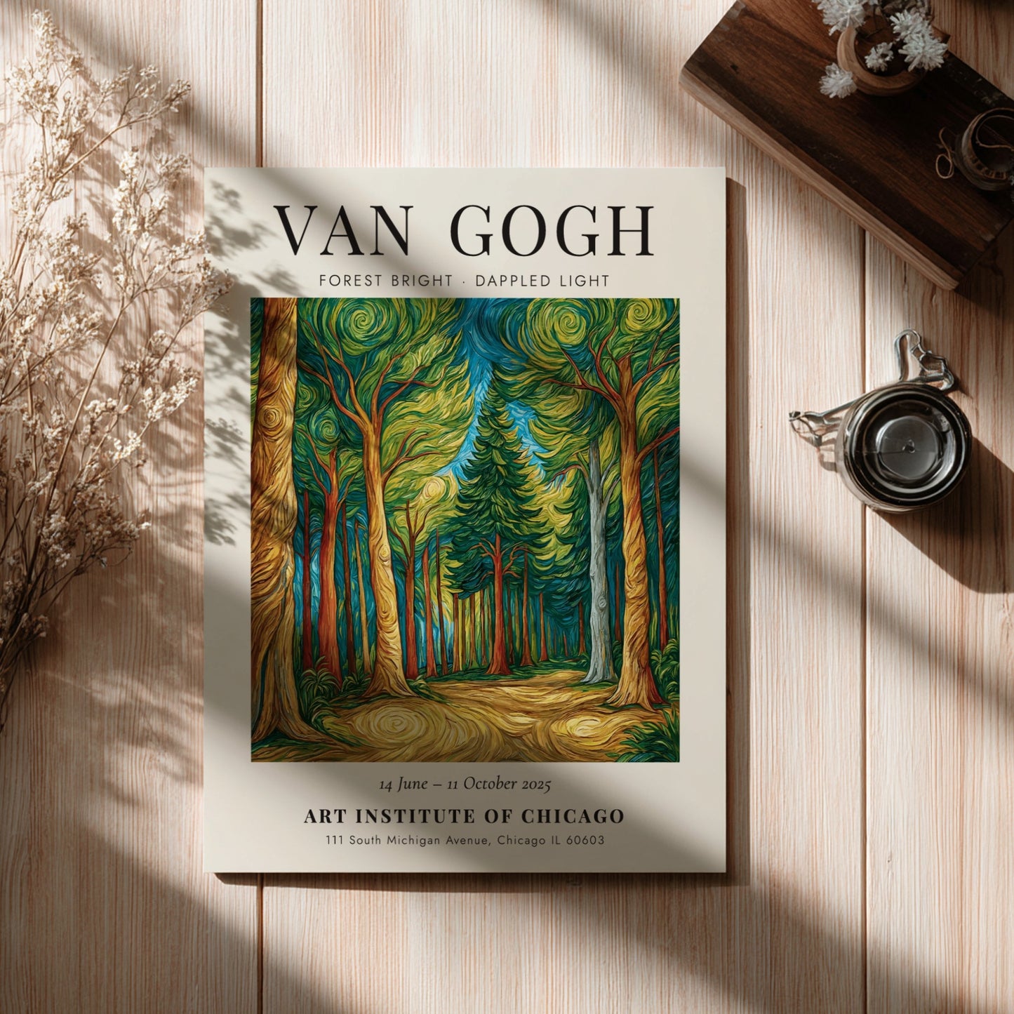 Forest Bright Dappled Light poster featuring vibrant greens and warm browns inspired by Van Gogh's style.