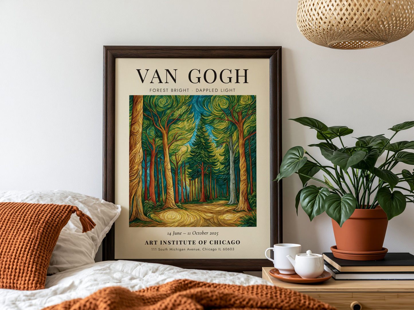 Forest Bright Dappled Light poster featuring vibrant greens and warm browns inspired by Van Gogh's style.