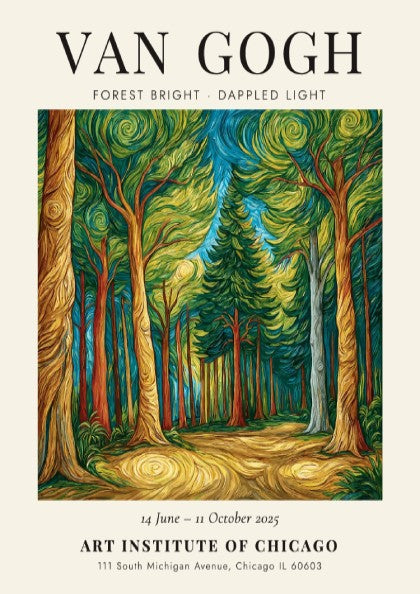 Forest Bright Dappled Light poster featuring vibrant greens and warm browns inspired by Van Gogh's style.