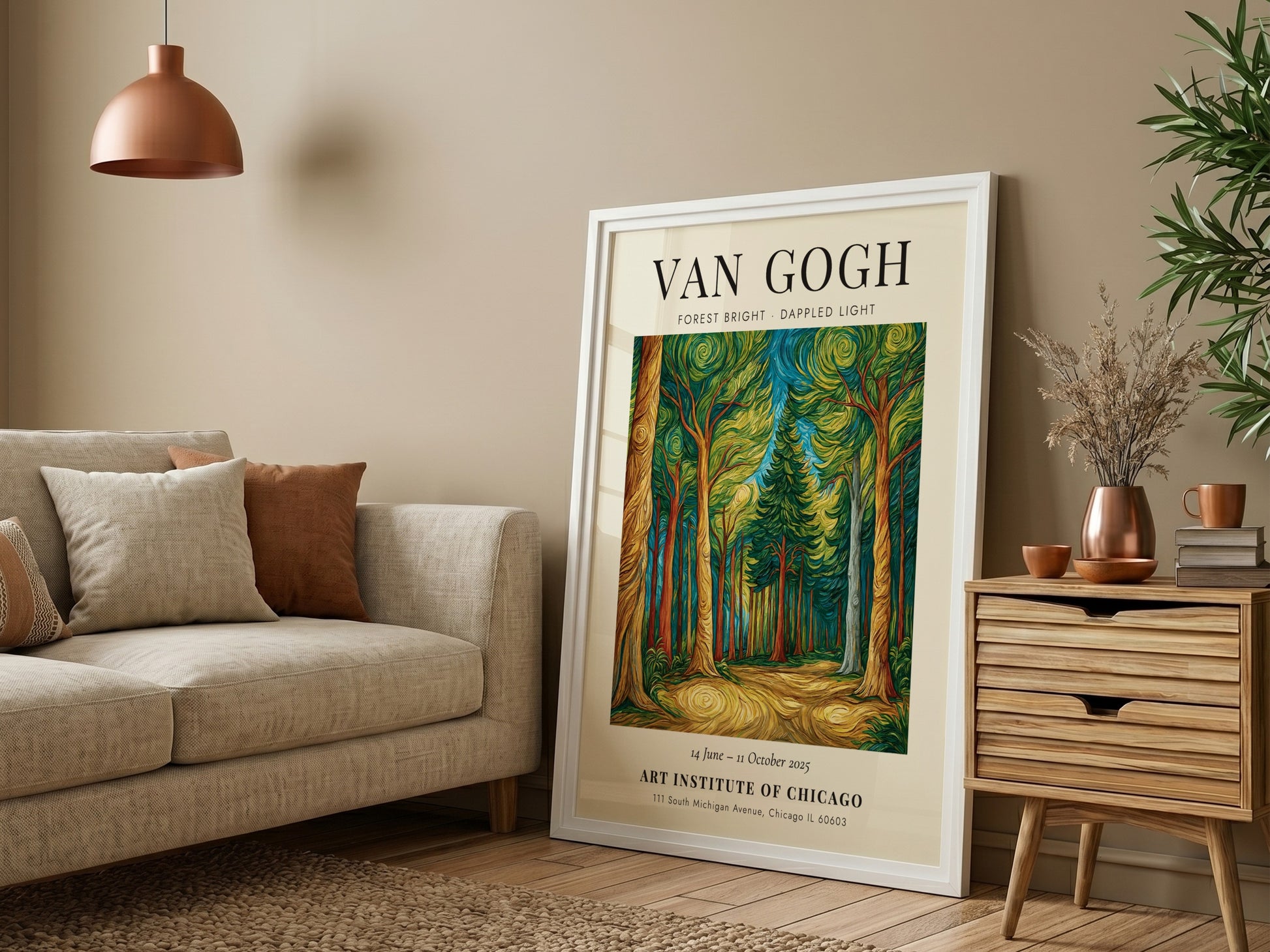 Forest Bright Dappled Light poster featuring vibrant greens and warm browns inspired by Van Gogh's style.