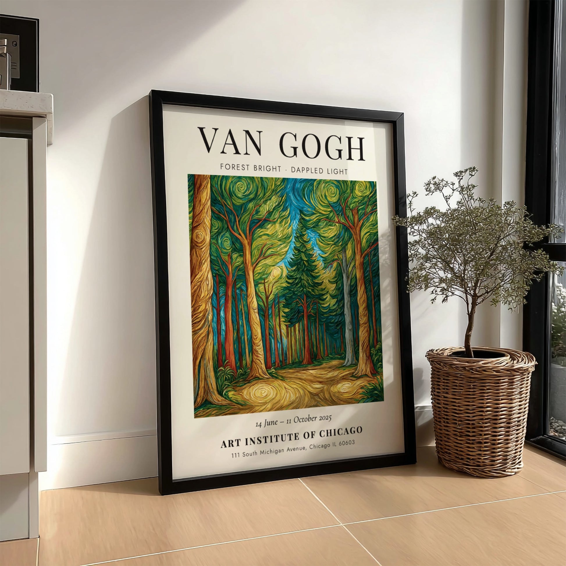 Forest Bright Dappled Light poster featuring vibrant greens and warm browns inspired by Van Gogh's style.