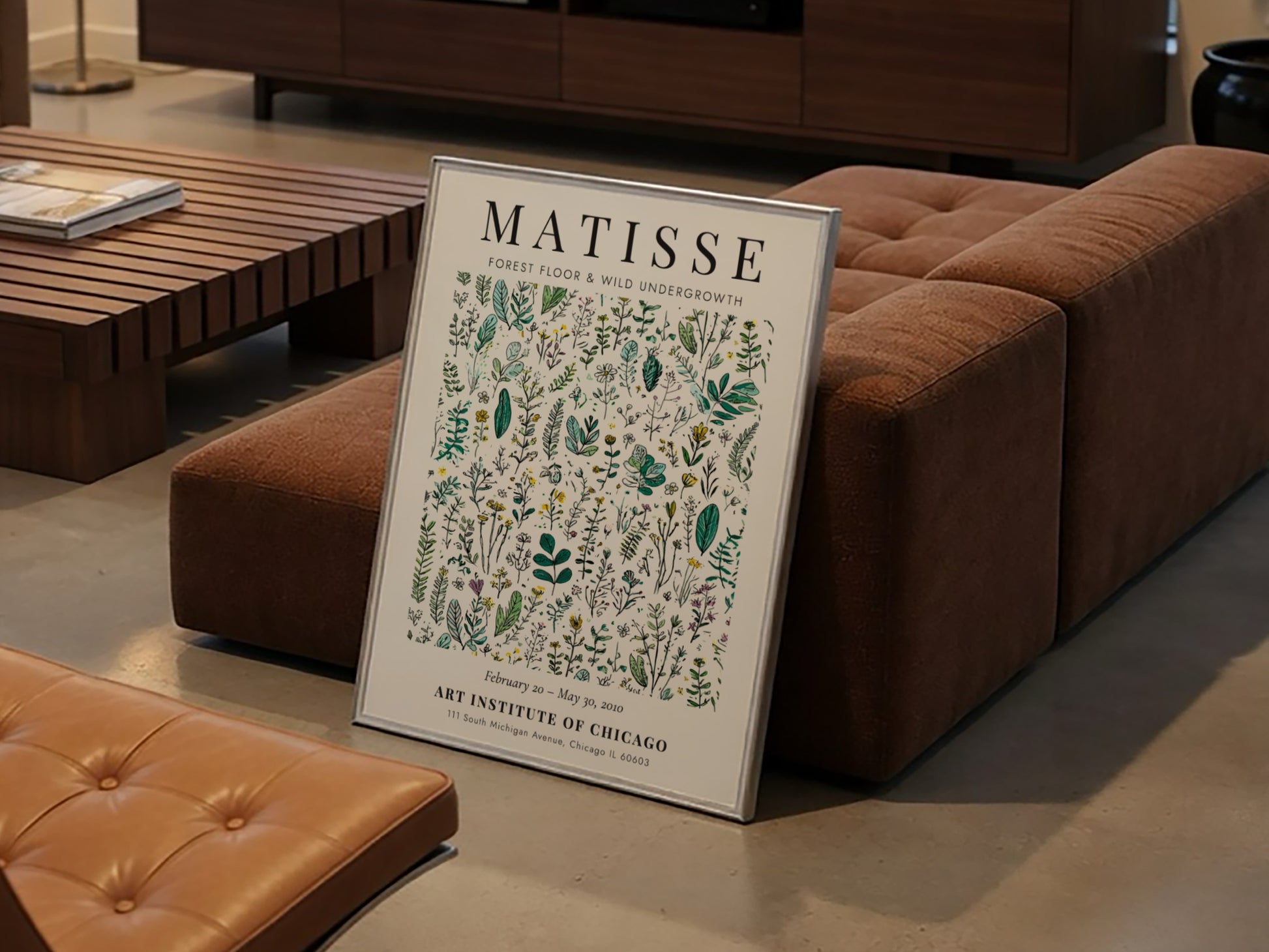 Forest Floor Poster featuring botanical elements in green and earthy tones, inspired by Henri Matisse's style.
