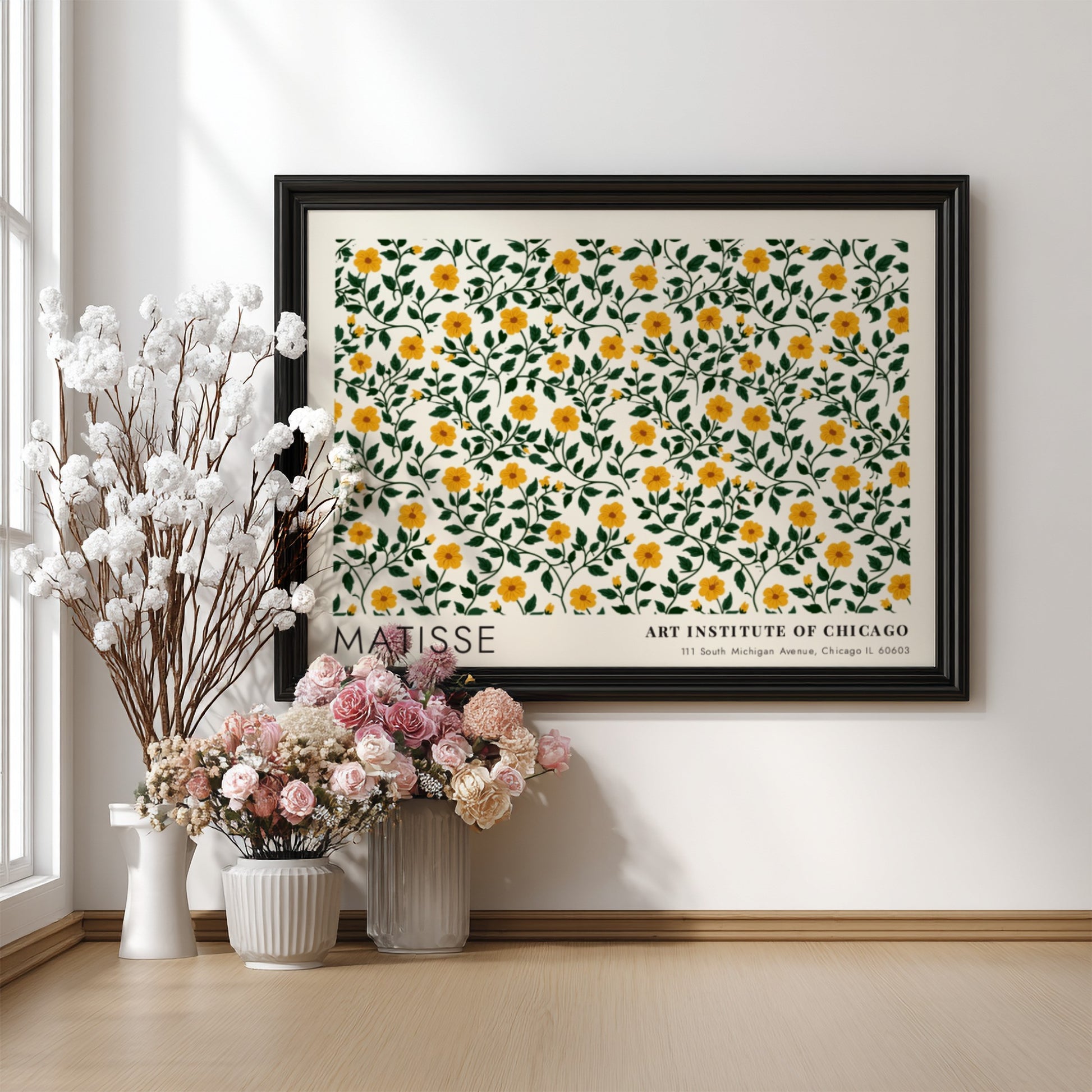 Henri Matisse poster featuring vibrant yellow flowers and green foliage in a floral design