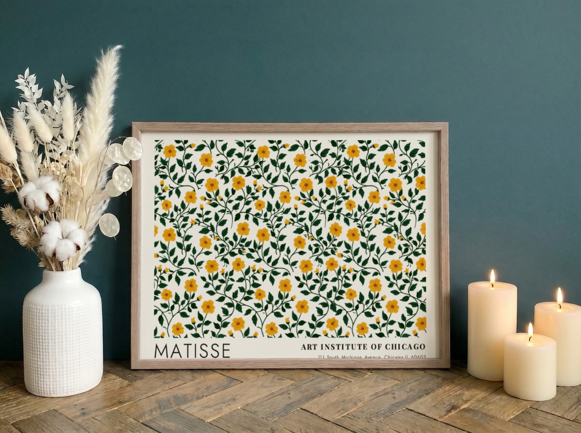 Henri Matisse poster featuring vibrant yellow flowers and green foliage in a floral design
