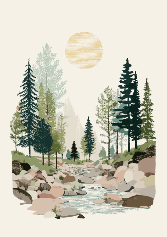 Illustration of a forest scene with trees, rocks, and a river under a sun.