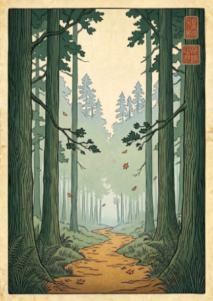 Forest Trail Path Poster featuring tall trees and a winding path in Japanese art style