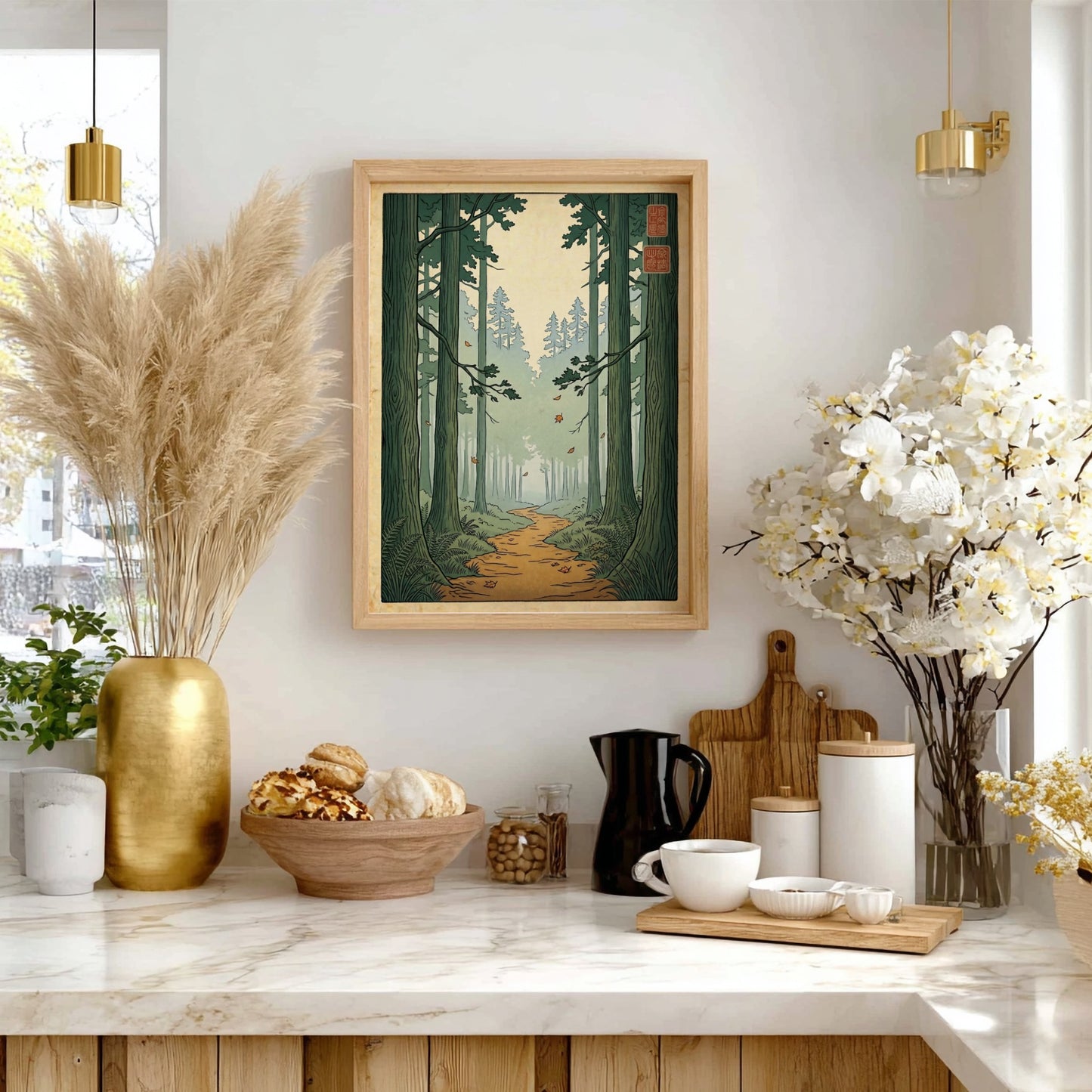 Forest Trail Path Poster featuring tall trees and a winding path in Japanese art style
