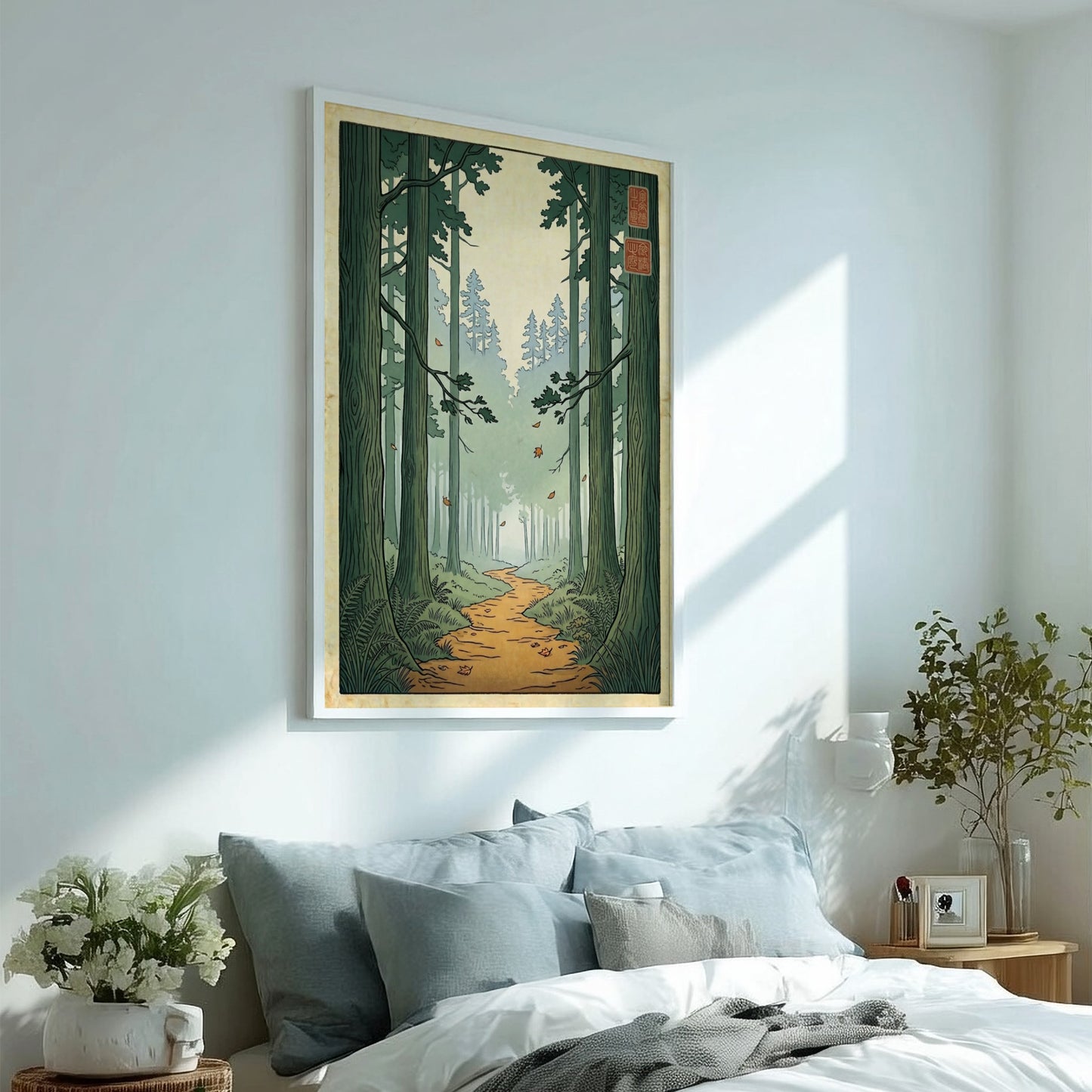 Forest Trail Path Poster featuring tall trees and a winding path in Japanese art style