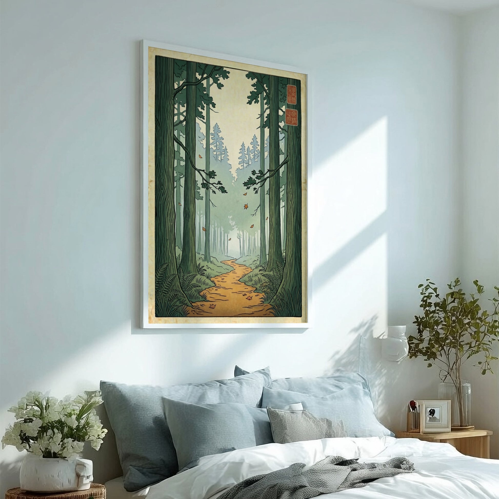 Forest Trail Path Poster featuring tall trees and a winding path in Japanese art style