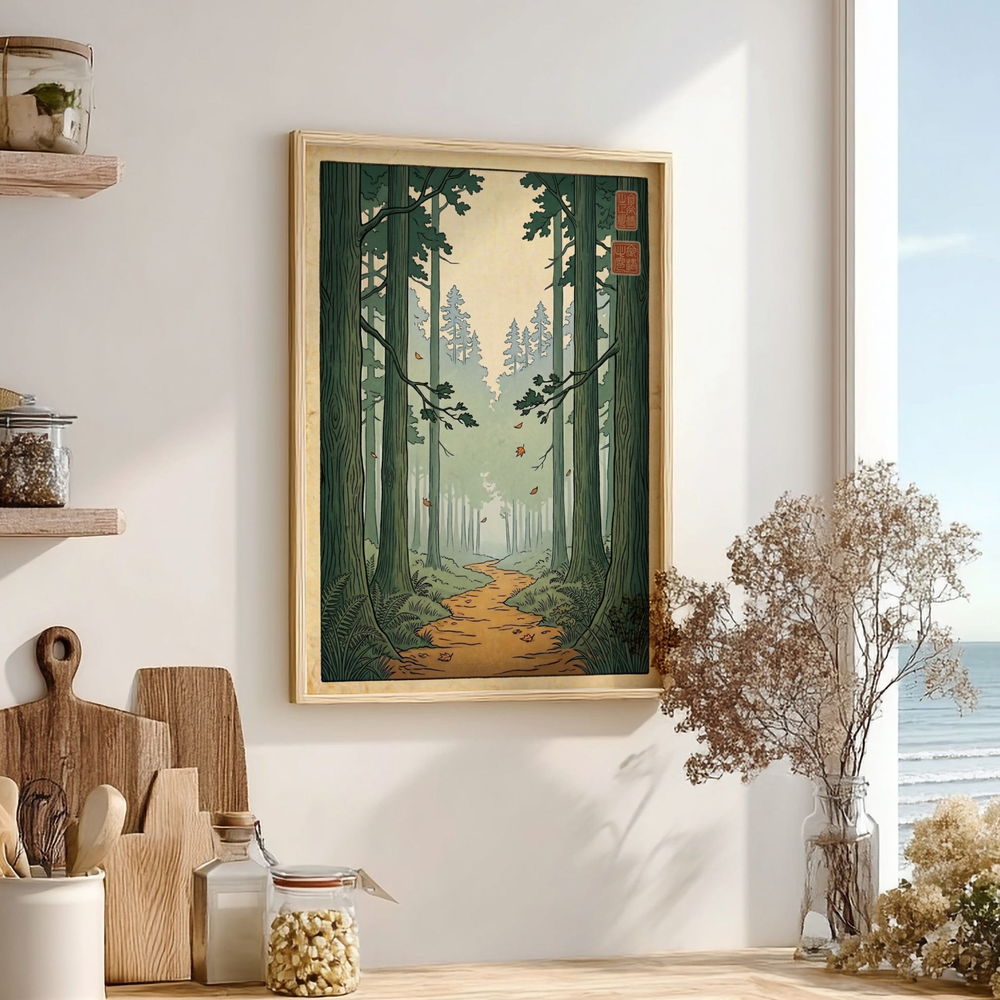 Forest Trail Path Poster featuring tall trees and a winding path in Japanese art style