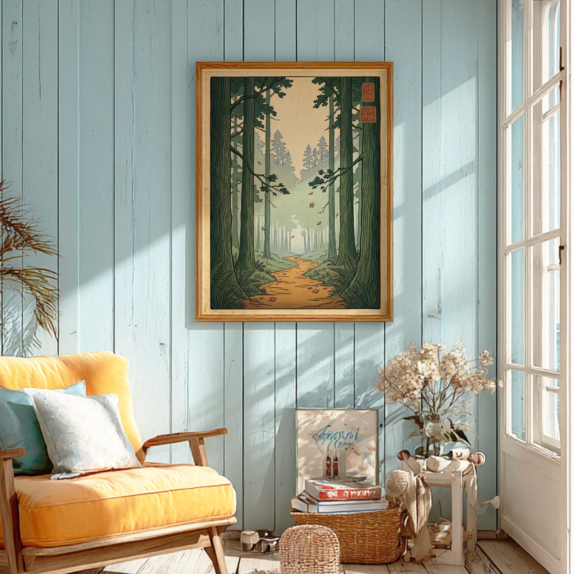 Forest Trail Path Poster featuring tall trees and a winding path in Japanese art style