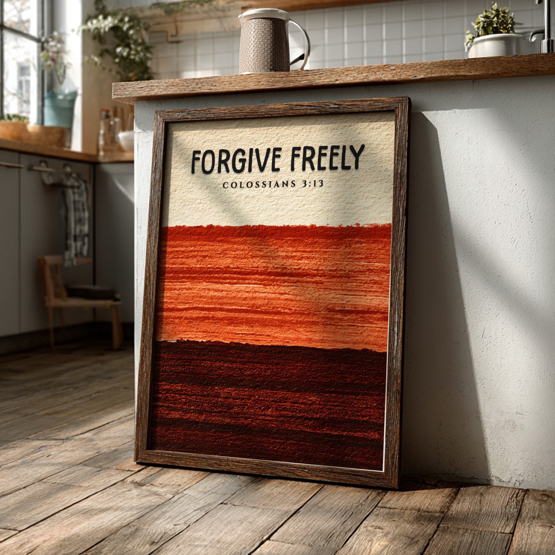Forgive Freely poster featuring earthy colors and textured design, inspired by Colossians 3:13, perfect for