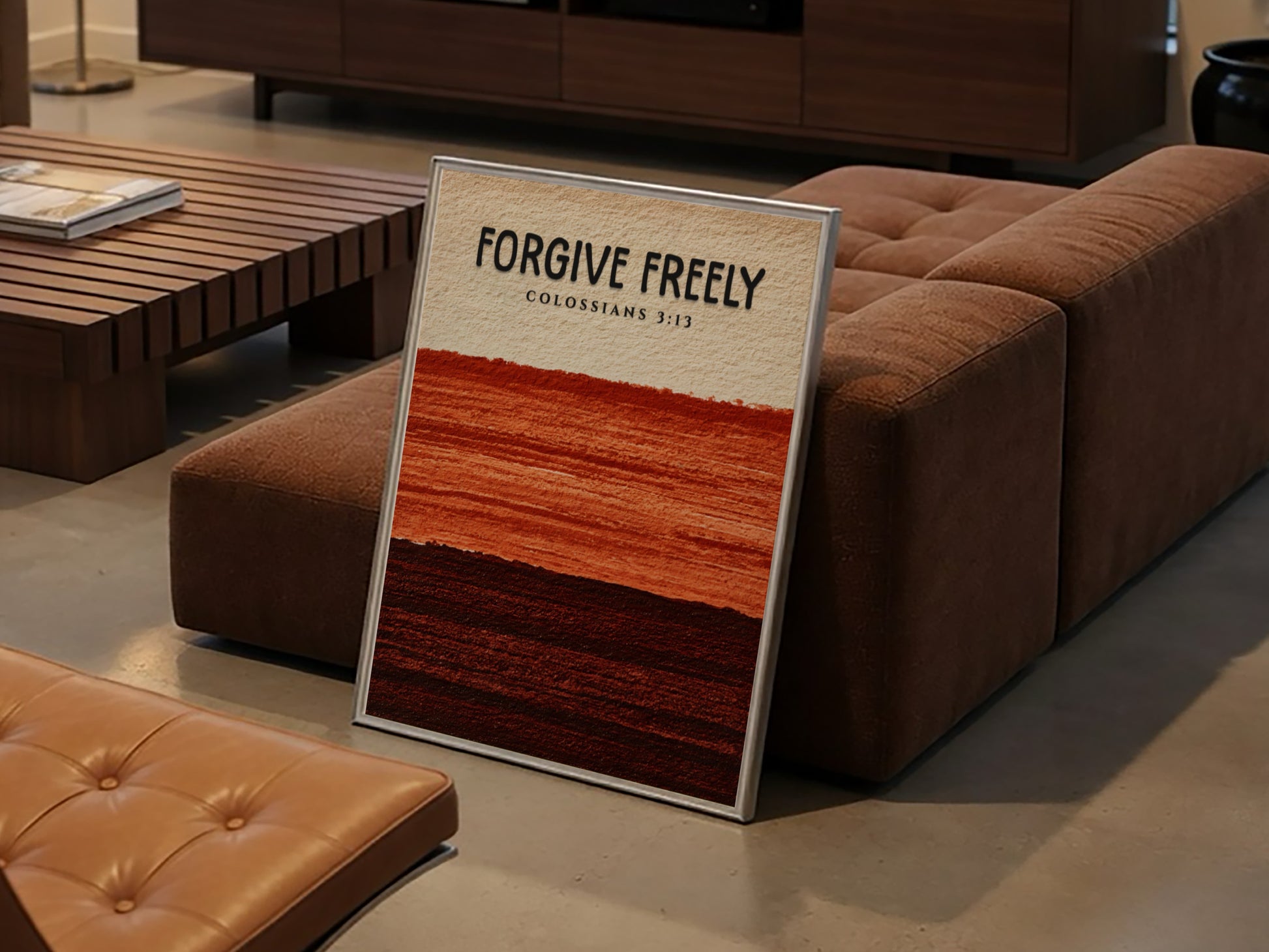 Forgive Freely poster featuring earthy colors and textured design, inspired by Colossians 3:13, perfect for