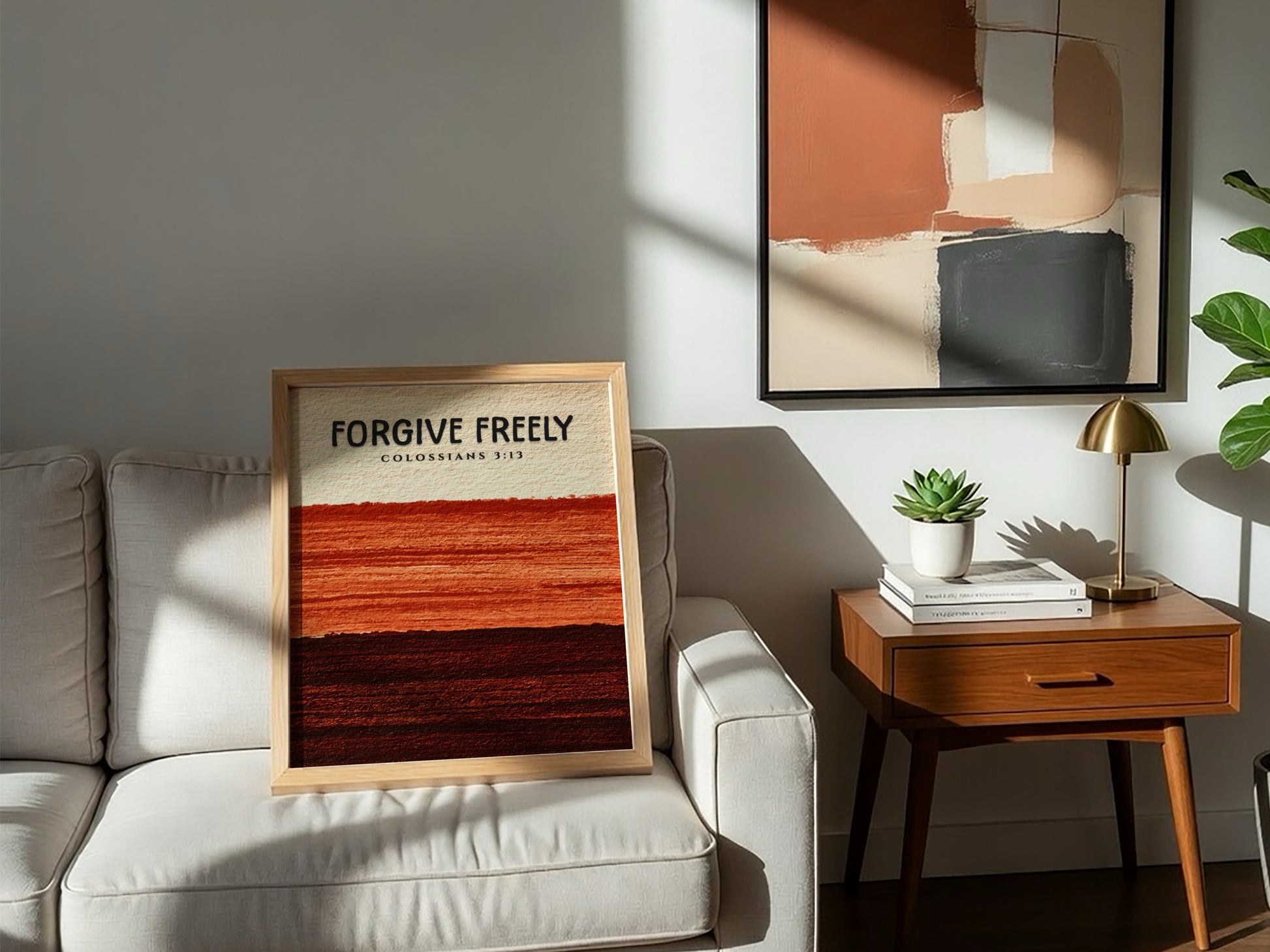 Forgive Freely poster featuring earthy colors and textured design, inspired by Colossians 3:13, perfect for