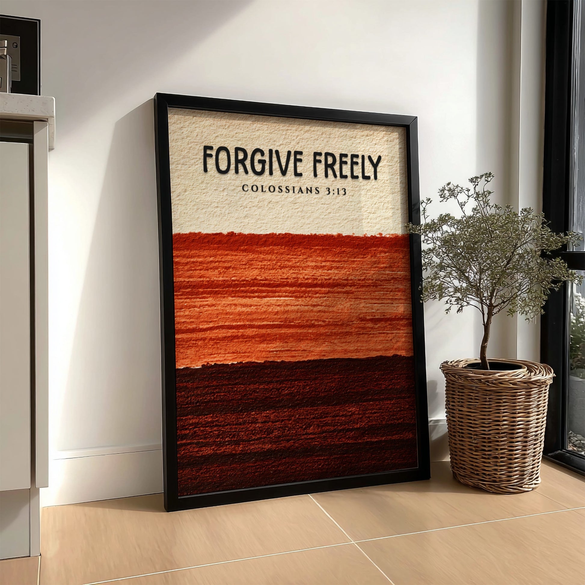 Forgive Freely poster featuring earthy colors and textured design, inspired by Colossians 3:13, perfect for
