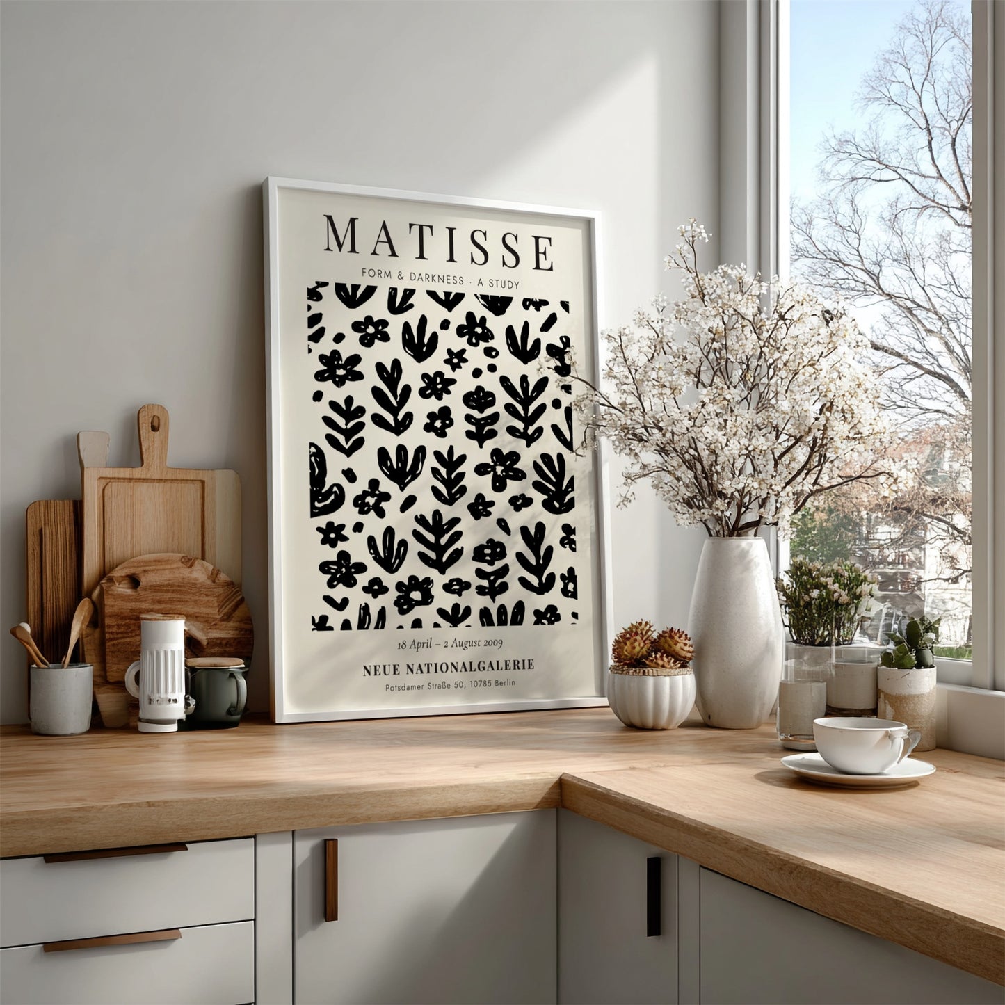 Floral pattern poster featuring black shapes and motifs, inspired by Henri Matisse, ideal for modern decor.