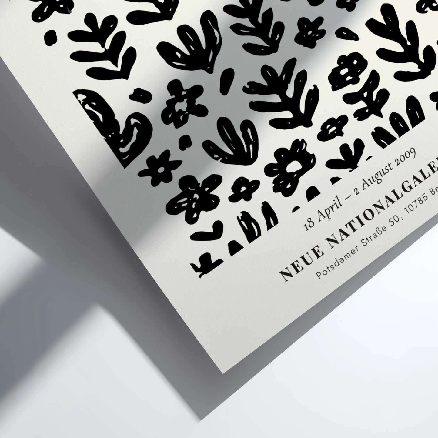 Floral pattern poster featuring black shapes and motifs, inspired by Henri Matisse, ideal for modern decor.