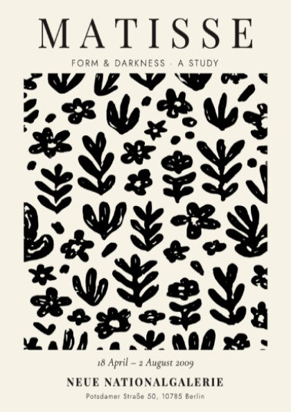 Floral pattern poster featuring black shapes and motifs, inspired by Henri Matisse, ideal for modern decor.