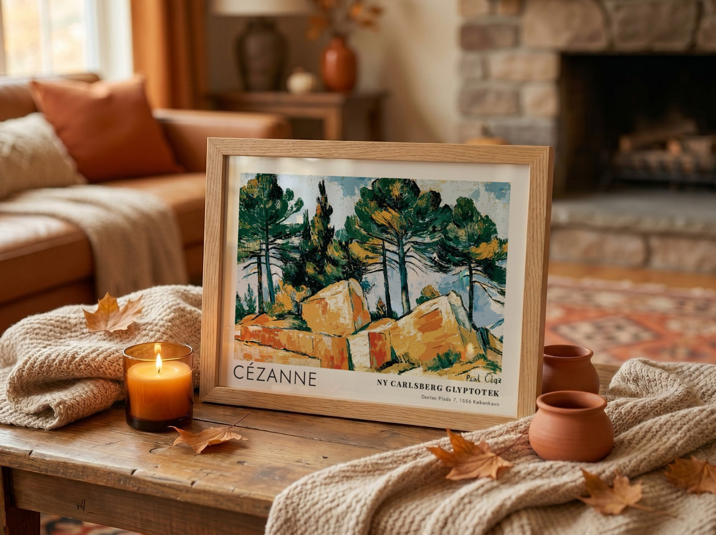 Wall art poster featuring a Cézanne landscape painting with pine trees and rocks