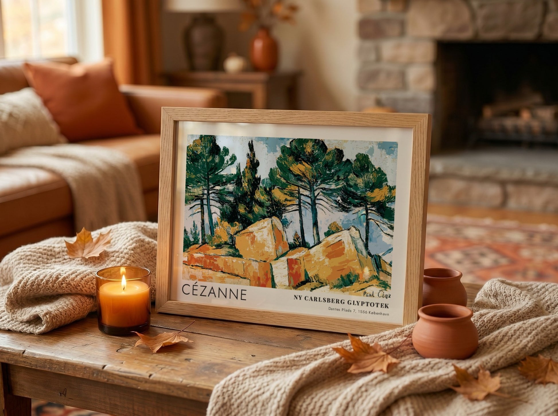 Wall art poster featuring a Cézanne landscape painting with pine trees and rocks