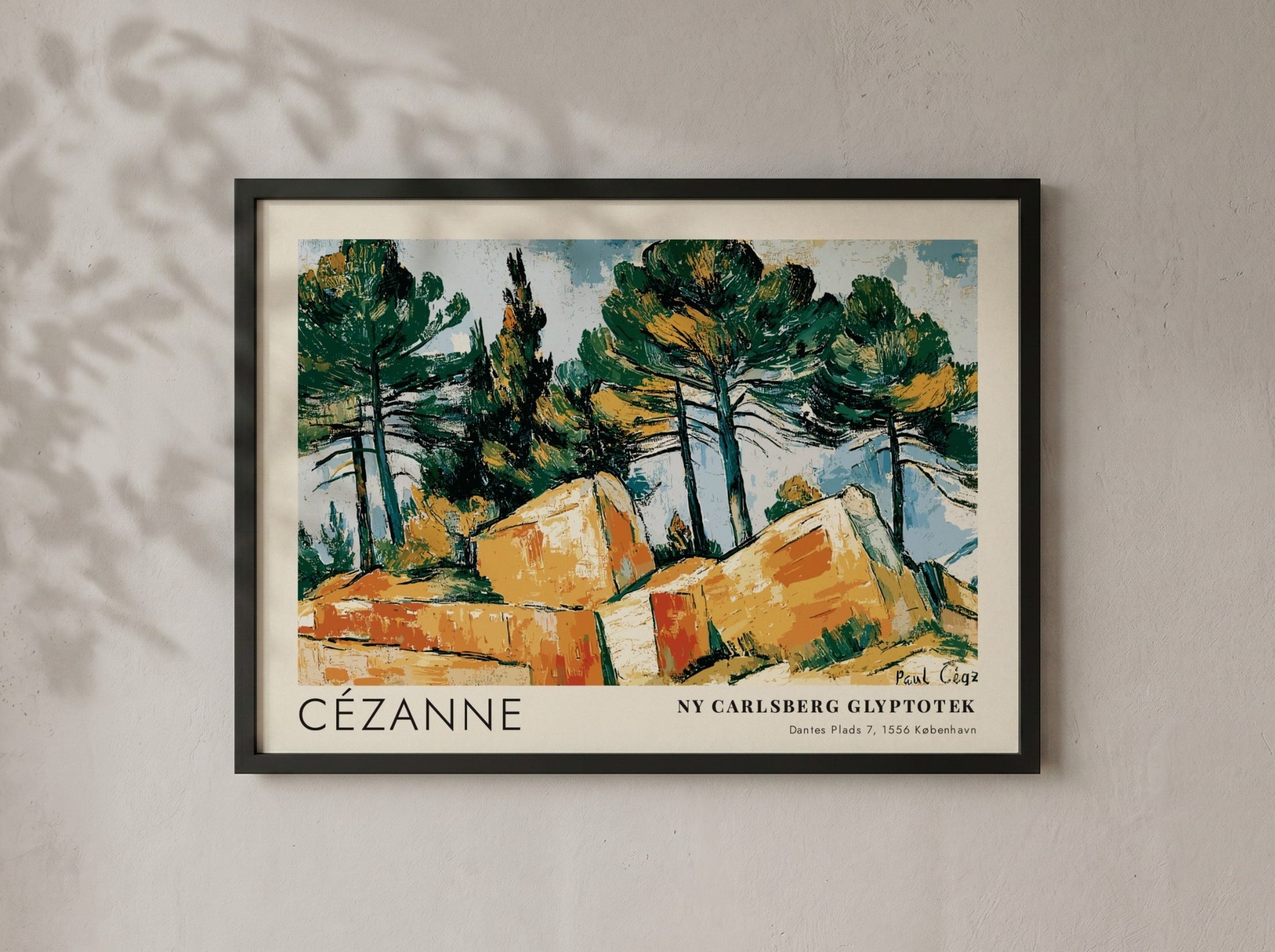Wall art poster featuring a Cézanne landscape painting with pine trees and rocks