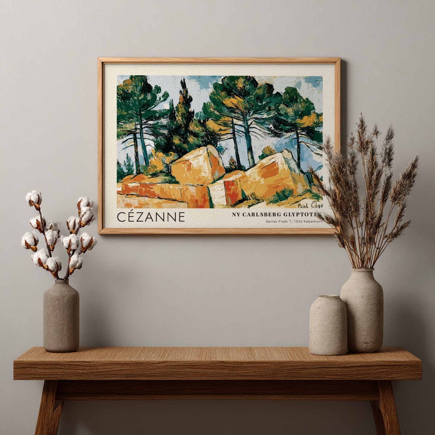 Wall art poster featuring a Cézanne landscape painting with pine trees and rocks