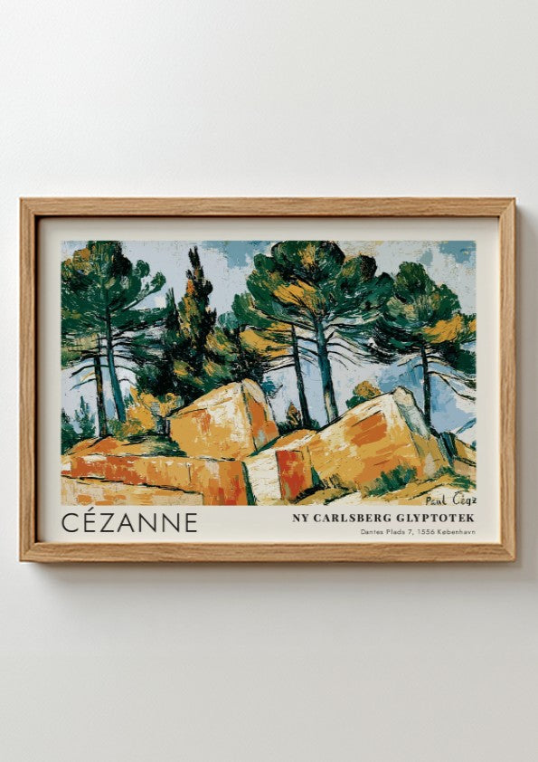 Wall art poster featuring a Cézanne landscape painting with pine trees and rocks