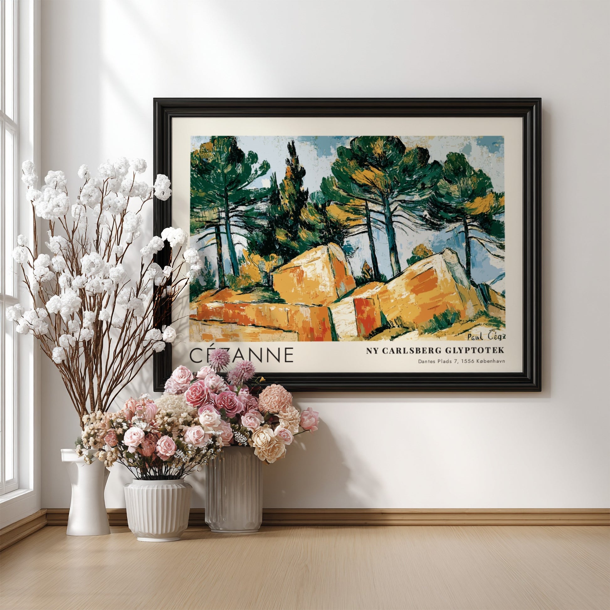 Wall art poster featuring a Cézanne landscape painting with pine trees and rocks