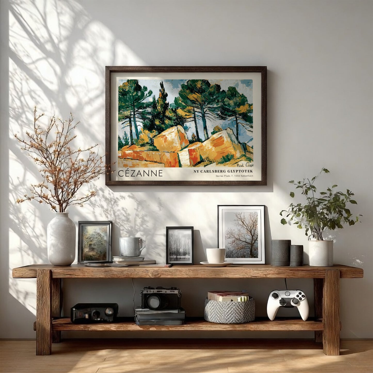 Wall art poster featuring a Cézanne landscape painting with pine trees and rocks