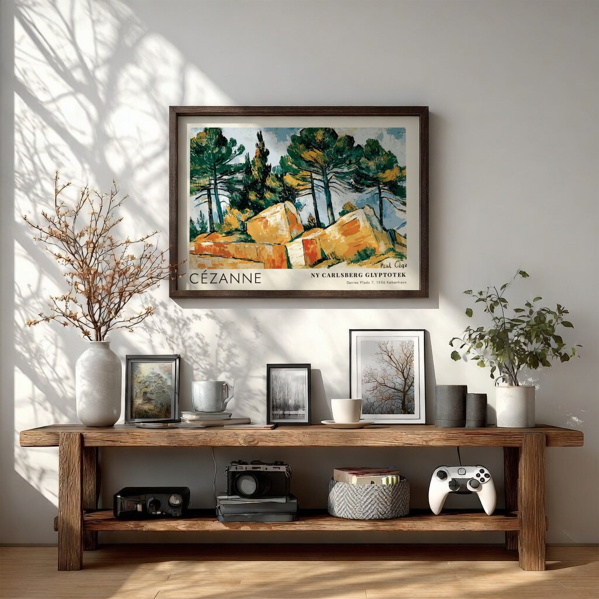 Wall art poster featuring a Cézanne landscape painting with pine trees and rocks