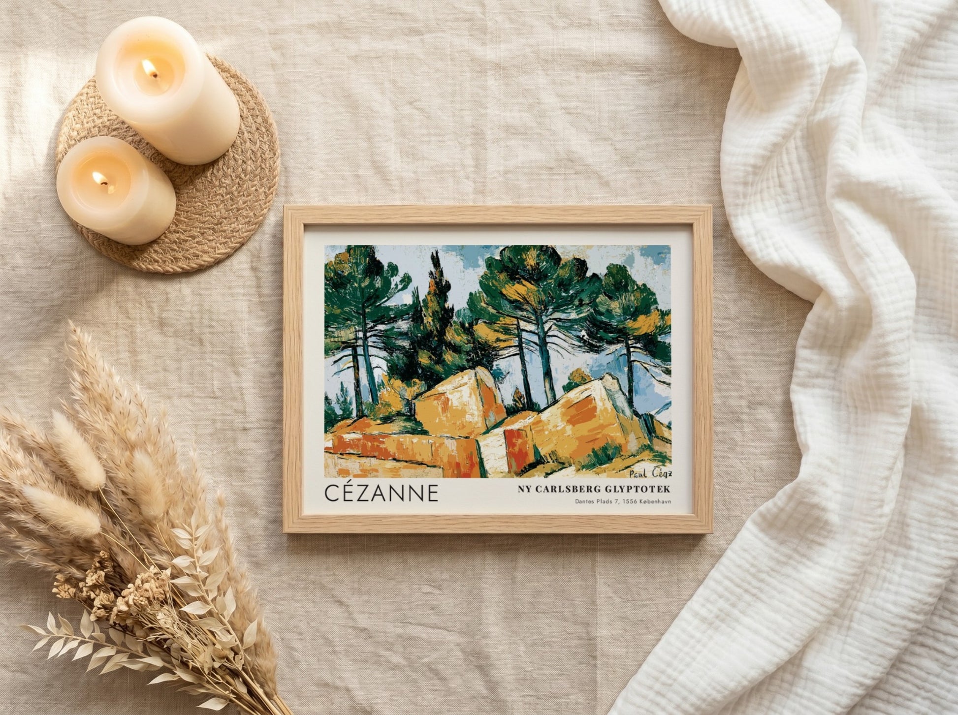Wall art poster featuring a Cézanne landscape painting with pine trees and rocks
