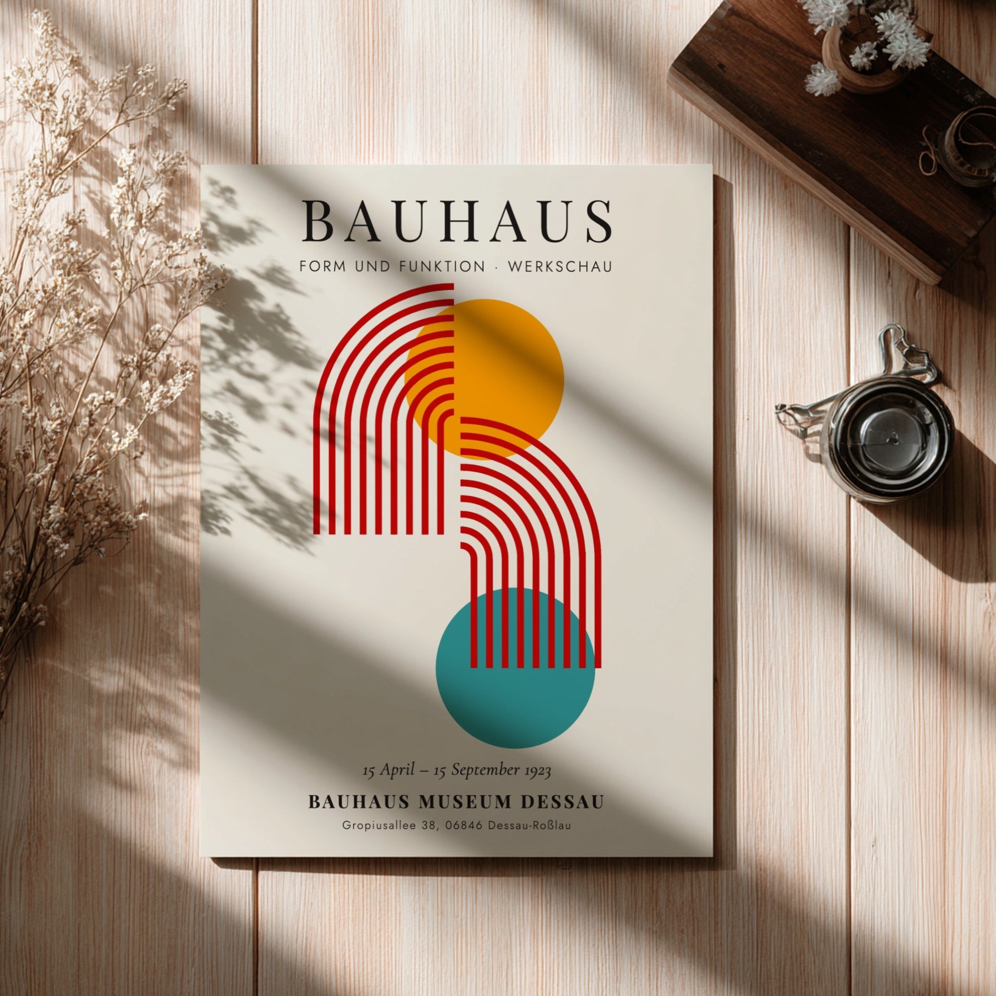 Bauhaus poster featuring geometric shapes in vibrant colors, modern design art for wall decor