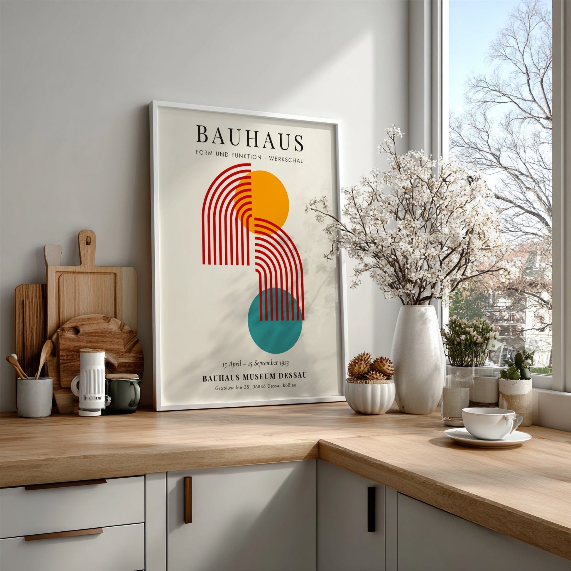 Bauhaus poster featuring geometric shapes in vibrant colors, modern design art for wall decor